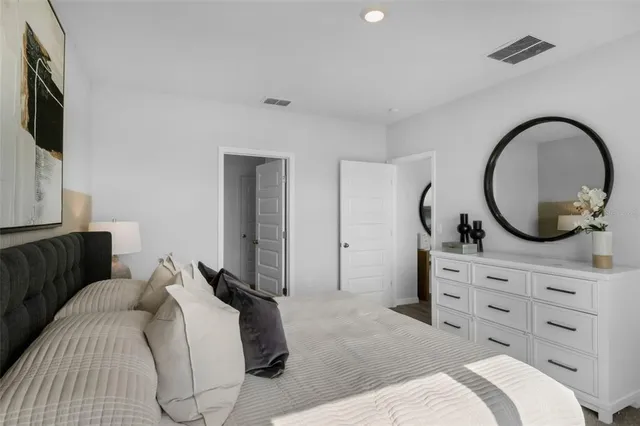 a bedroom with a bed and a dresser