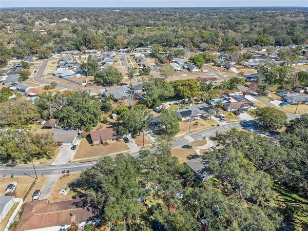 an aerial view of residential houses with city and green space