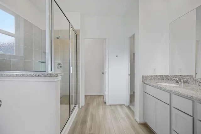a bathroom with a shower and a sink
