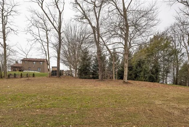 a big yard with trees in front of it