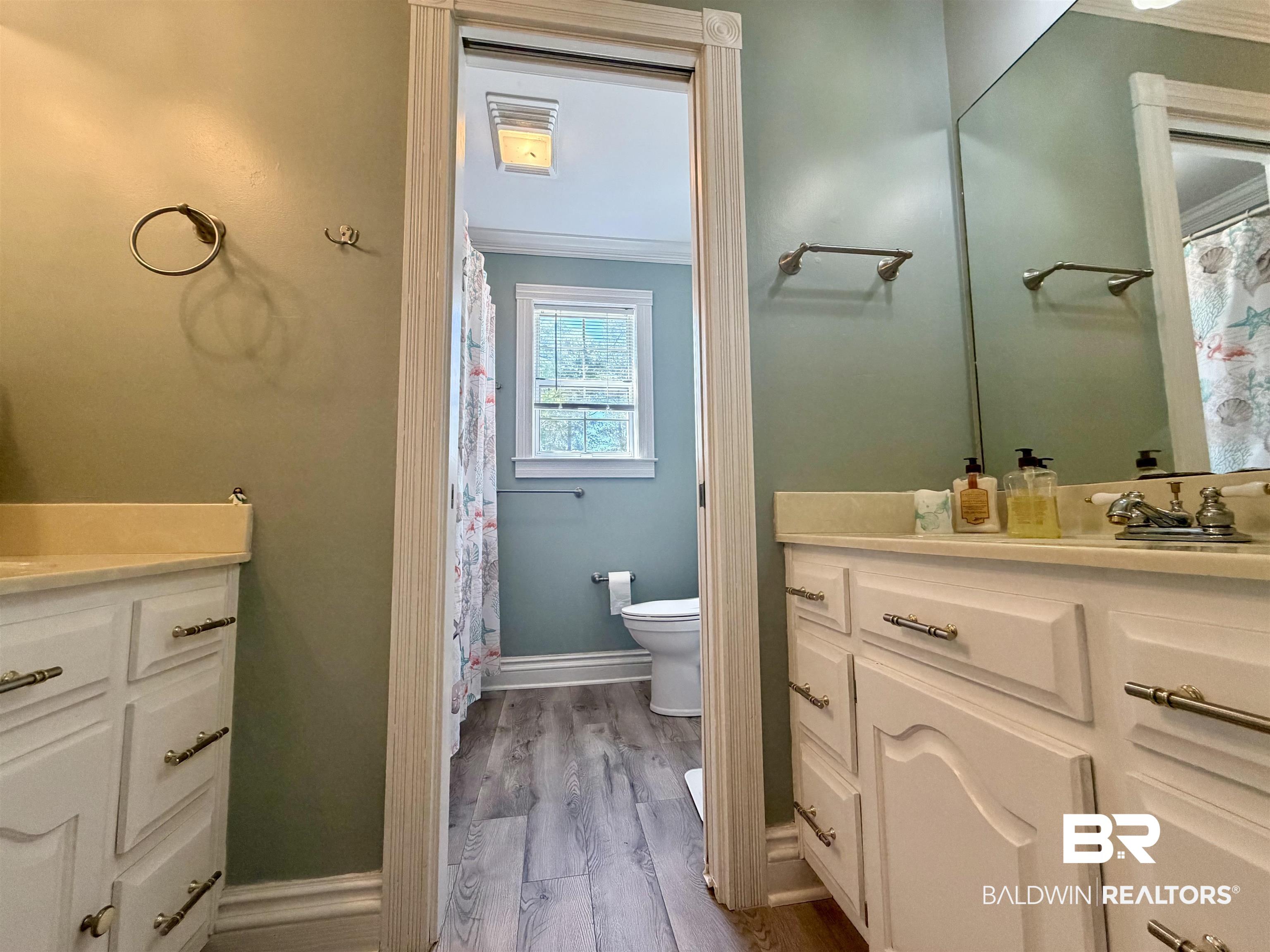 2944 Appleton Road Brewton, AL 36426 - Photo 25 of 65 Full bathroom with ornamental molding, vanity, dark wood-style floors, and a shower with curtain