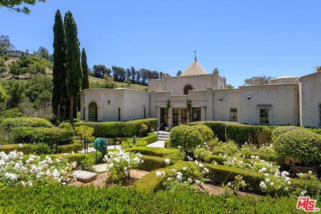 a aerial view of a house with a yard and potted plants