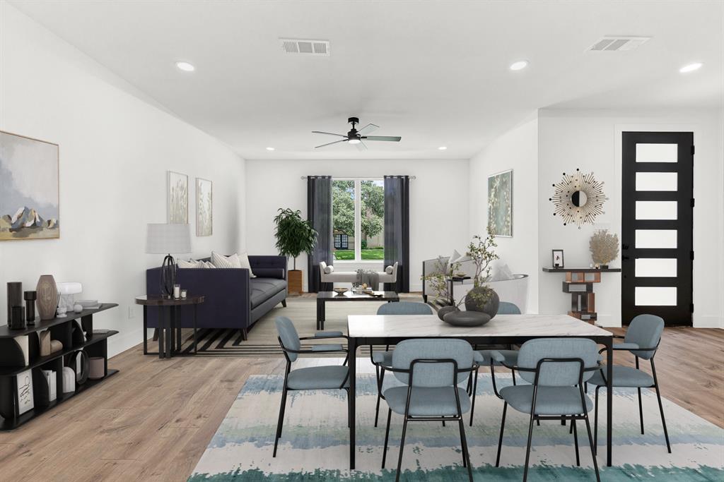 9471 Timberleaf Drive Dallas, TX 75243 - Photo 13 of 40 Open-concept living area featuring wood-finish flooring, recessed lighting, and a contemporary ceiling fan