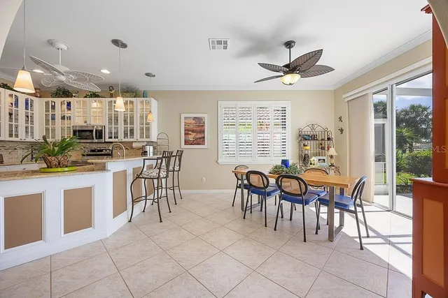 a view of a dining room with furniture window and outside view