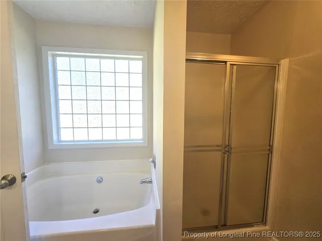 a bathroom with a bathtub and a shower