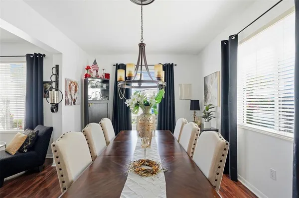 a view of a dining room with furniture window and wooden floor