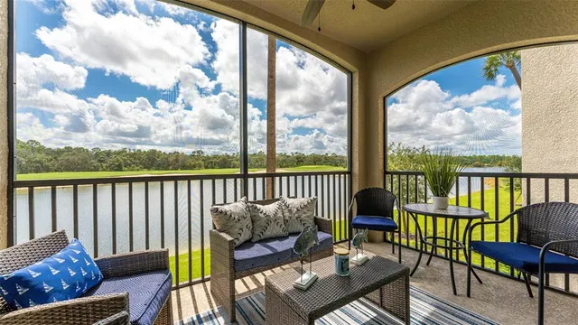 a view of a lake from a balcony