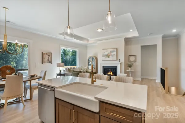 a view of living room with granite countertop furniture a fireplace and a chandelier