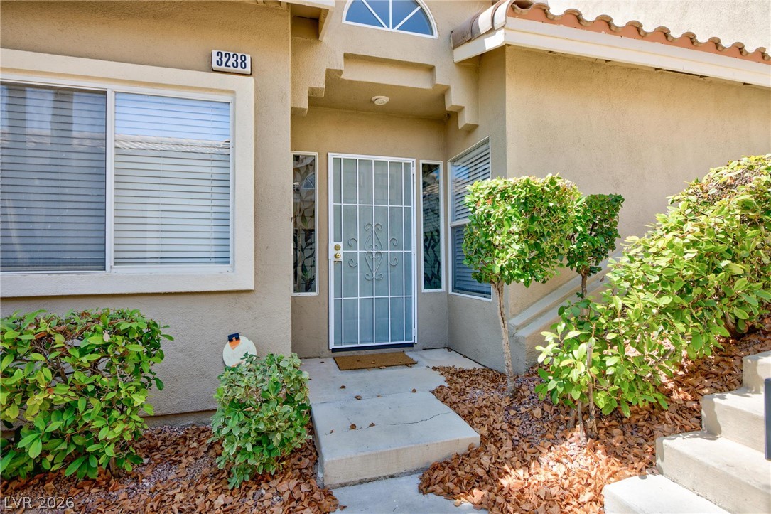 3238 Mystic Ridge Court Las Vegas, NV 89129 - Photo 20 of 31 A welcoming entry features a wrought iron security door, neatly mulched garden beds, and elegant architectural accents.