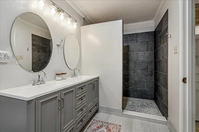 a bathroom with a double vanity sink mirror and shower