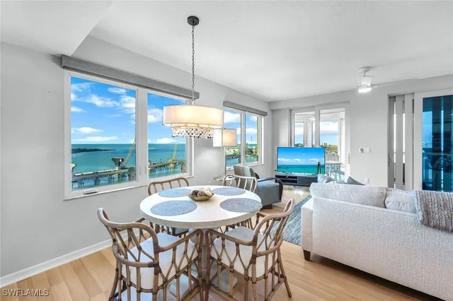 a view of a dining room with furniture window and outside view
