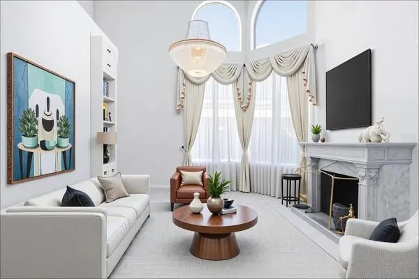 a living room with furniture a fireplace and a flat screen tv