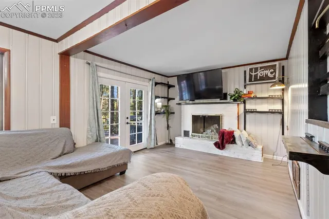 a bedroom with furniture and a fireplace