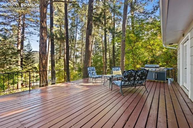 a view of a patio with table and chairs and wooden floor