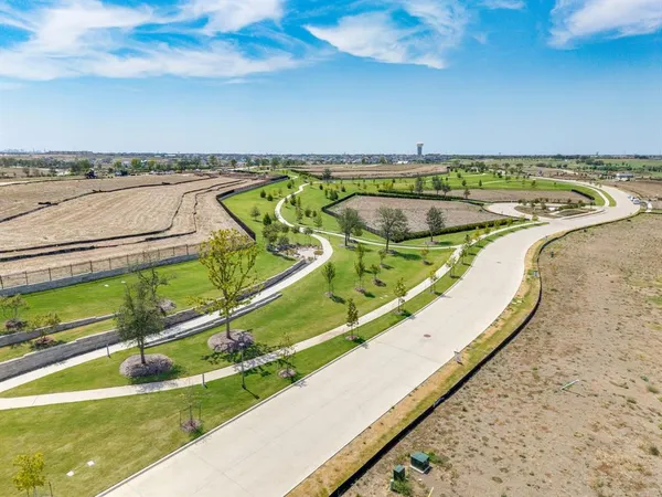 an aerial view of a swimming pool