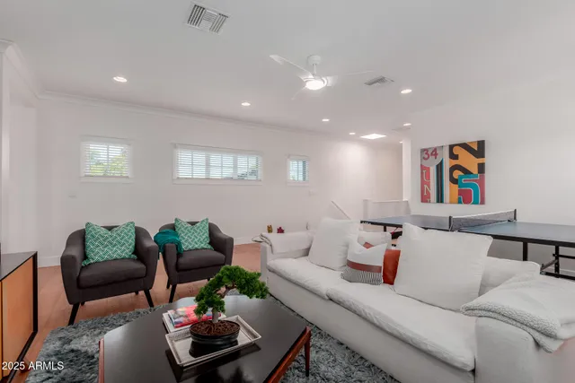 a living room with furniture and a potted plant