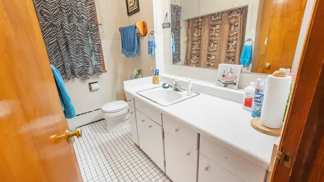 a bathroom with a sink a toilet and a shower curtain