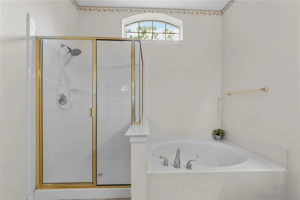 a bathroom with a bathtub and a shower