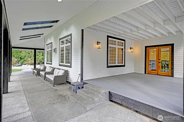 a view of a park with large trees