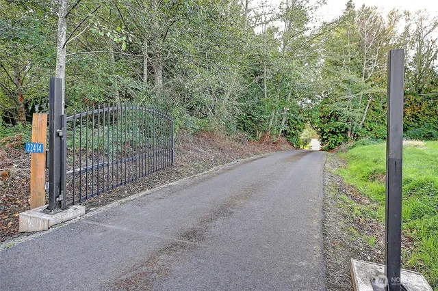 a view of a garden with trees in front of it