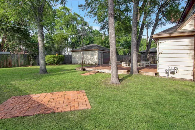 a view of a backyard with a slide trees and a slide