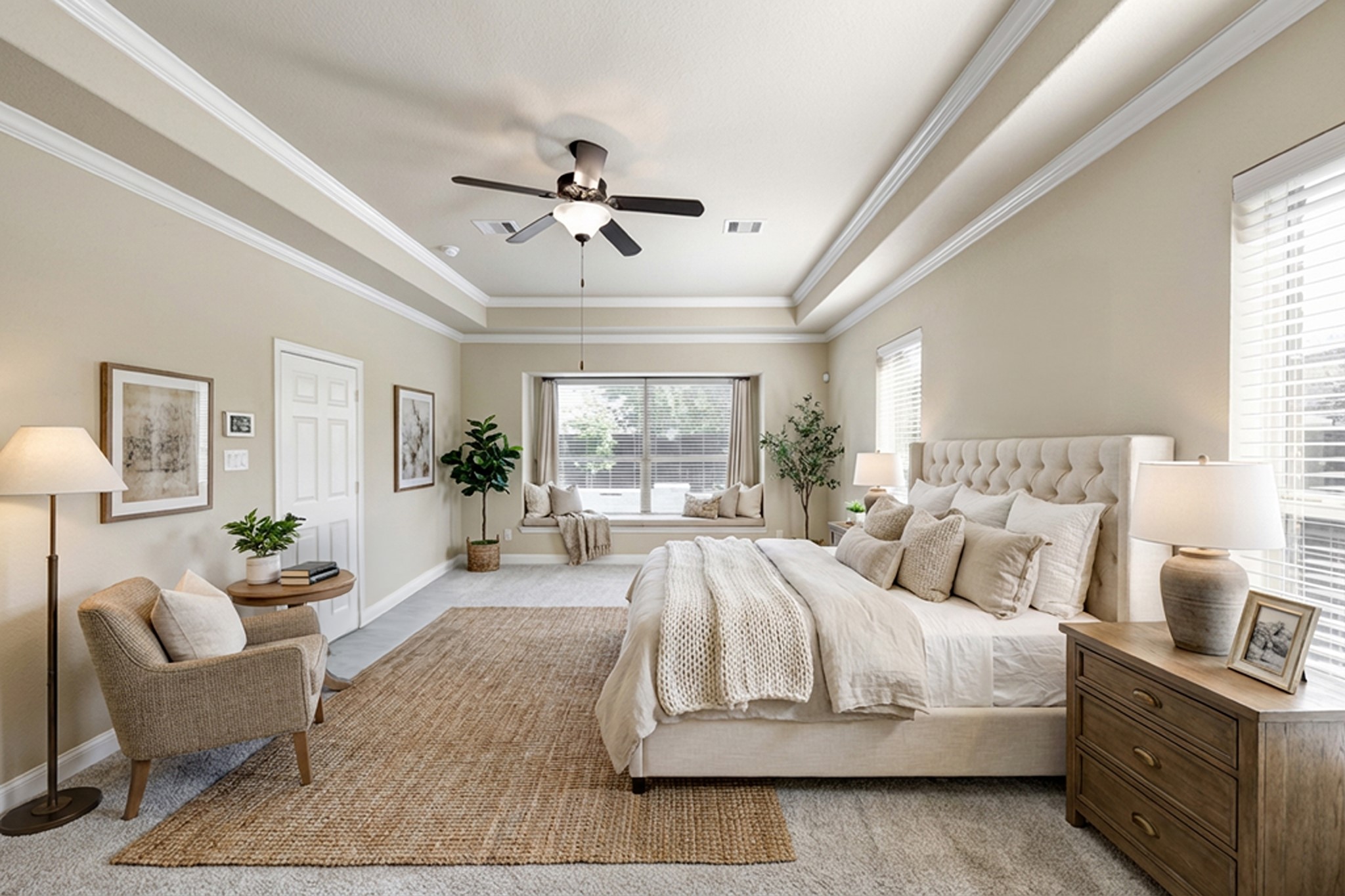 11 Red Wagon Drive Spring, TX 77389 - Photo 13 of 31 The owner's retreat has a cove ceiling, window bench, and views to the pool. Photo is virtually furnished.