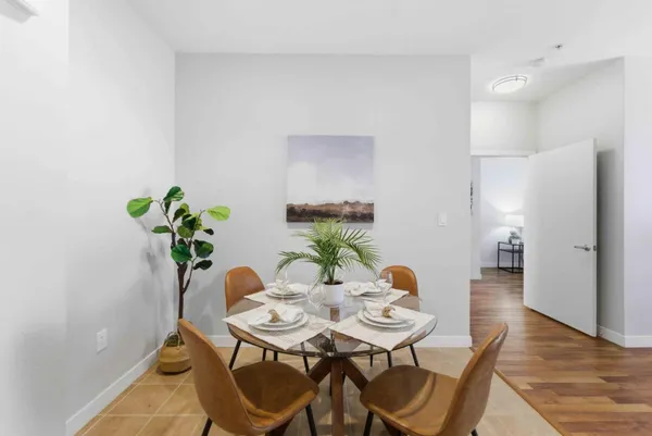 a view of a dining room with furniture