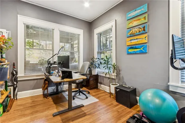 a work room with furniture and a potted plant