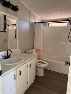 a bathroom with a sink a toilet a mirror and shower