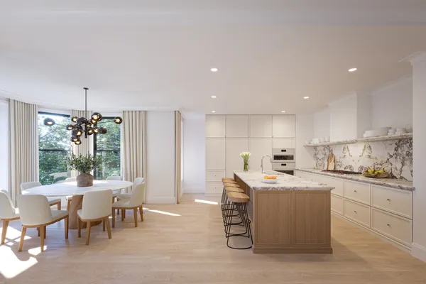 a kitchen with a table chairs sink and cabinets