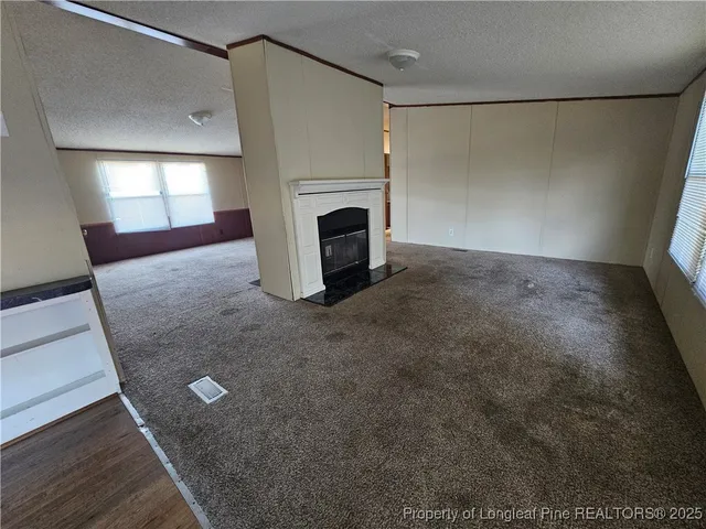 a view of empty room with window and fireplace