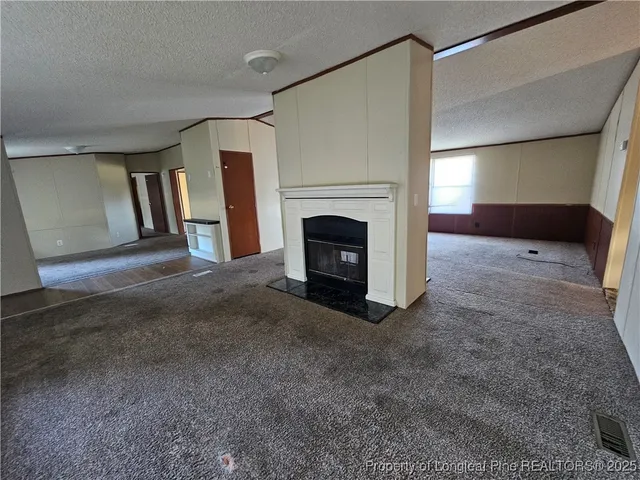 a view of a livingroom with an empty space and a fireplace