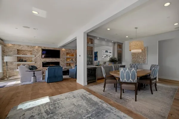 a view of a dining room with furniture