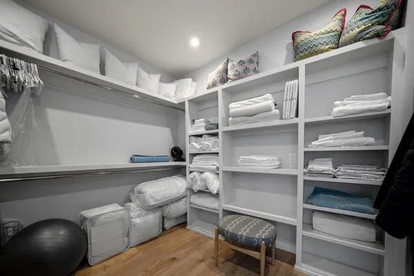 a view of a room with shelves