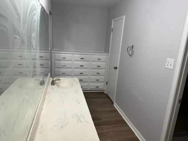 a bathroom with a sink and a mirror