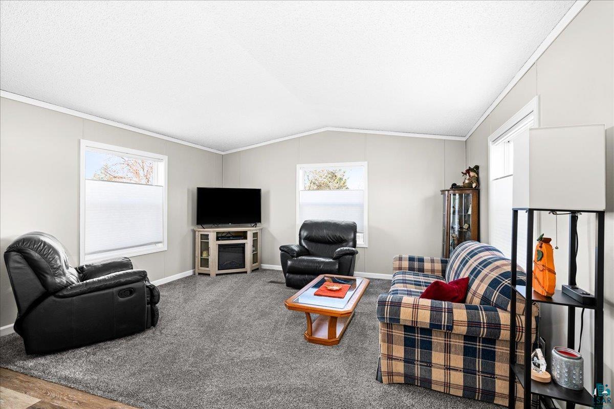30 Ivy Drive Duluth, MN 55810 - Photo 3 of 21 Living room featuring crown molding, hardwood / wood-style floors, plenty of natural light, and vaulted ceiling