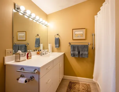 a bathroom with a sink and a mirror
