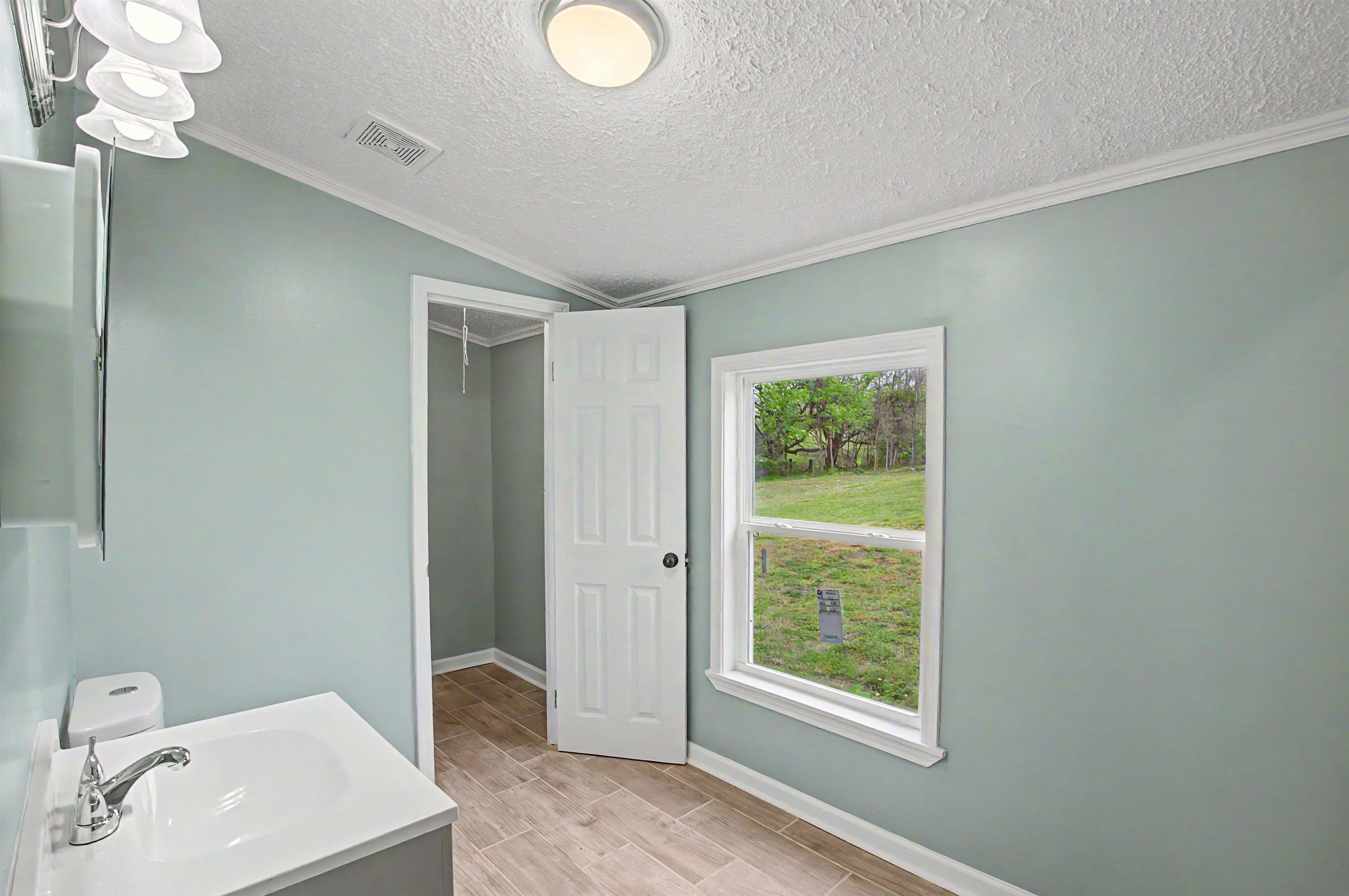 1090 Scott Road Newbern, TN 38059 - Photo 10 of 16 Bathroom featuring vanity, crown molding, a textured ceiling, and wood tiled floors