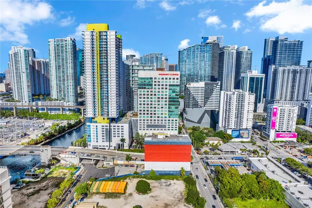 a city view with tall buildings