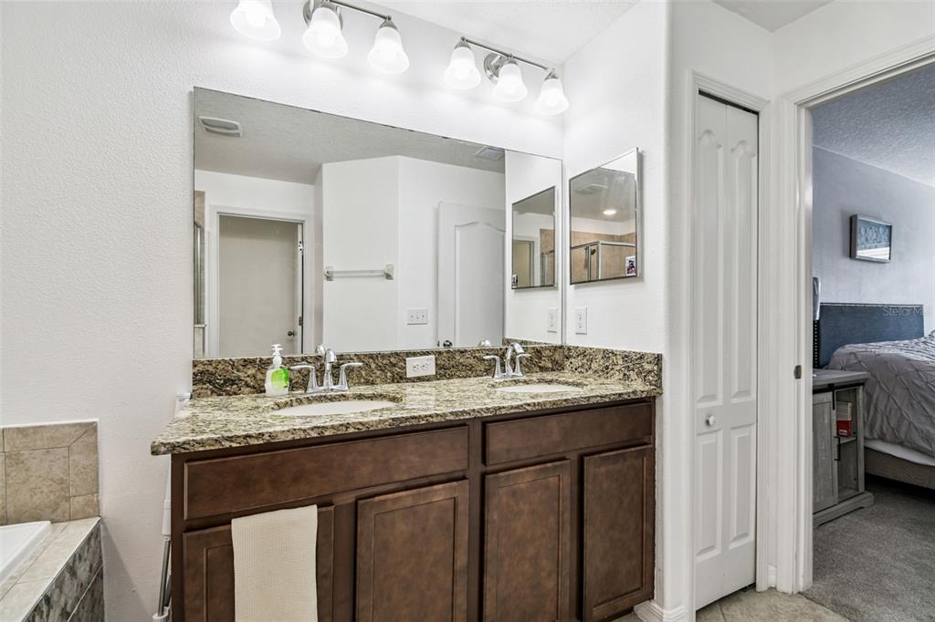8439 Hunters Fork Loop Ruskin, FL 33573 - Photo 38 of 74 a en suite bathroom with a granite countertop sink and a mirror