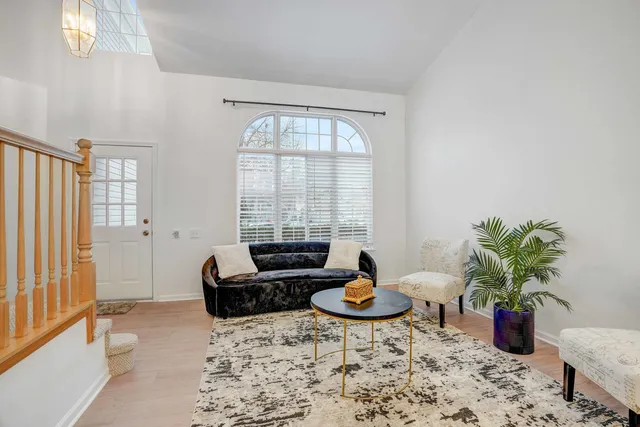 a living room with furniture and a potted plant