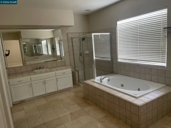 a bathroom with a tub a sink and a large mirror