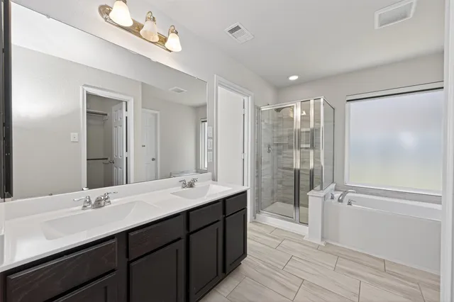 a bathroom with a double vanity sink a large mirror a shower and a bathtub