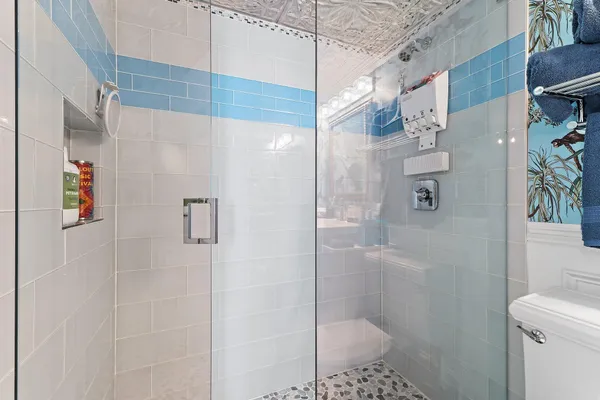 a bathroom with a shower and toilet