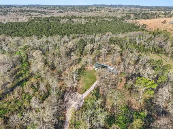 an aerial view of residential houses with outdoor space and trees