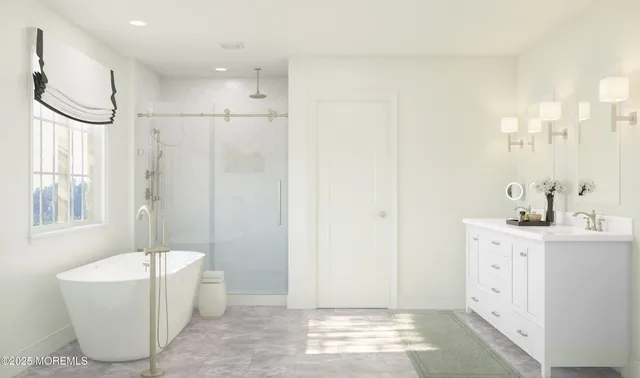 a spacious bathroom with a granite countertop sink and a mirror