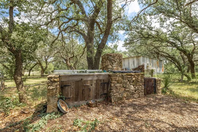 a view of backyard with small cabin