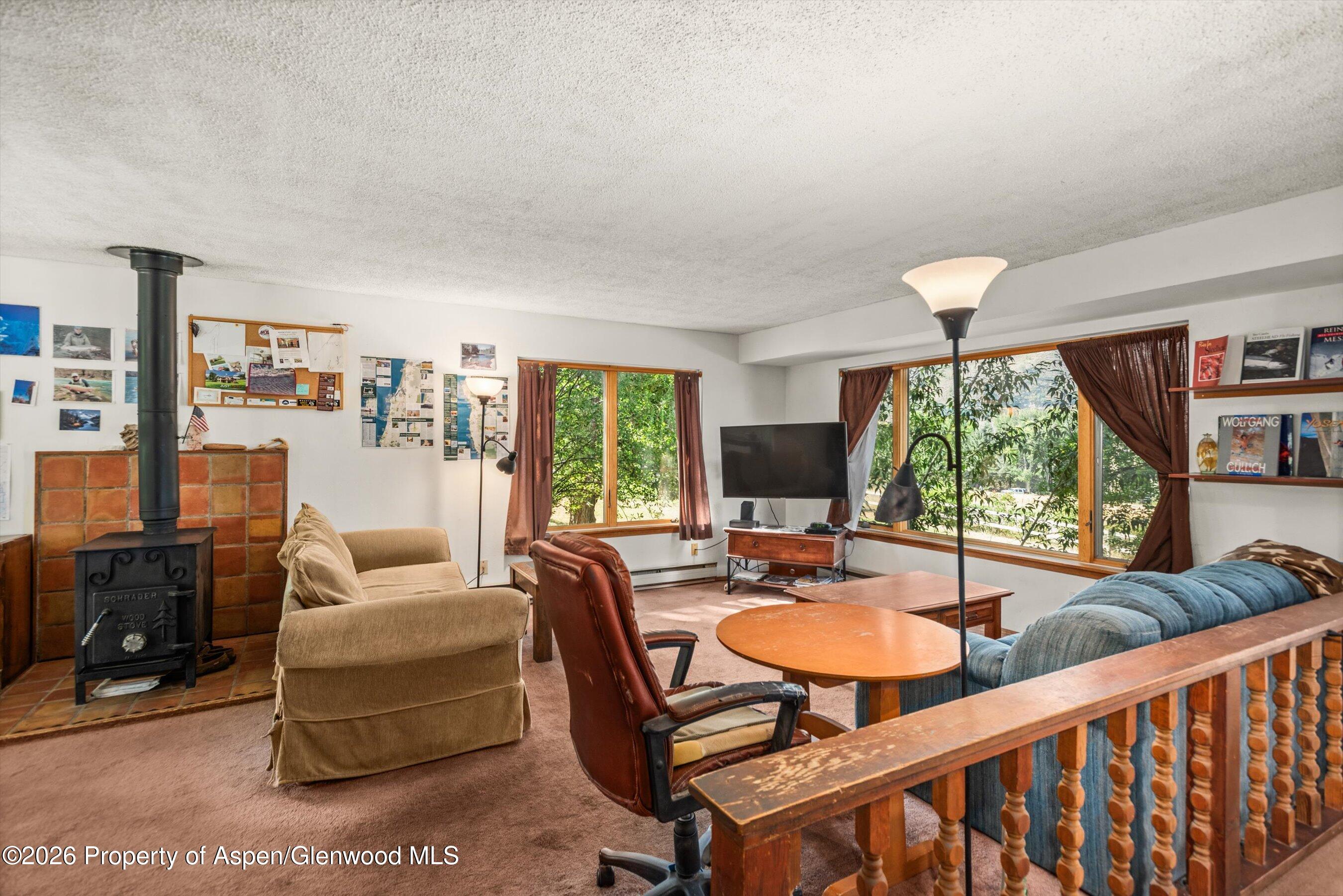 198 Holland Hills Road Basalt, CO 81621 - Photo 13 of 50 a living room with furniture a flat screen tv and a floor to ceiling window