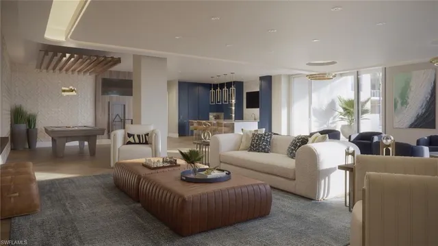 a living room with furniture a large window with outer view