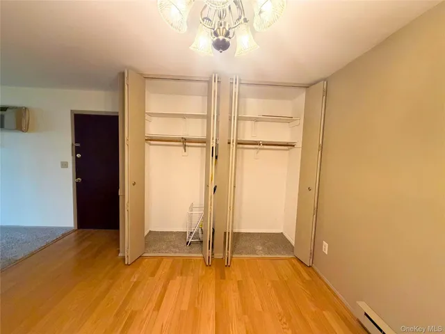 a view of a room with wooden floor and closet